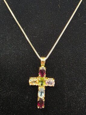 Vintage FAS 925 Sterling Silver Gold Plated Multi Gemstone Cross Necklace 18"